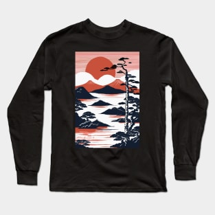 Japanese landscape with sunset, woodblock Long Sleeve T-Shirt